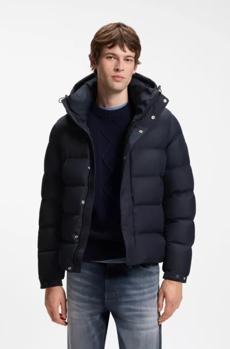 Water-repellent hooded puffer jacket with cushioned collar