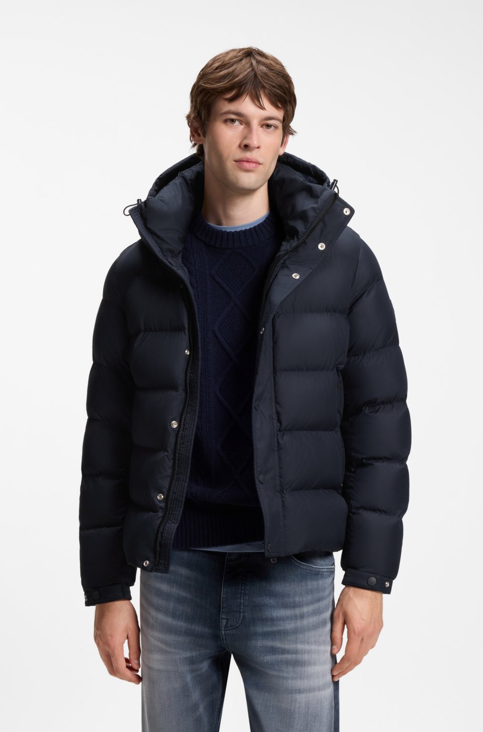 Water-repellent hooded puffer jacket
