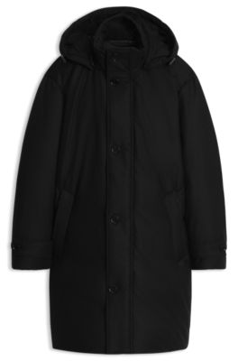 Down-padded parka in melange wool with detachable hood, Black