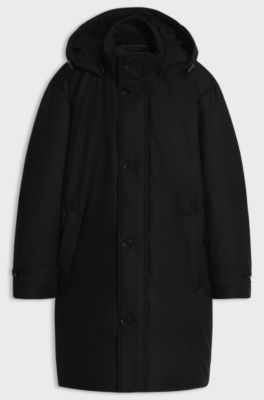 Down-padded parka in melange wool with detachable hood, Black