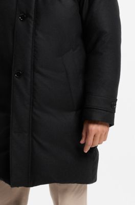 Parka van melange wol met donsvulling en afneembare capuchon, Zwart