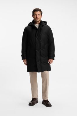 Down-padded parka in melange wool with detachable hood, Black