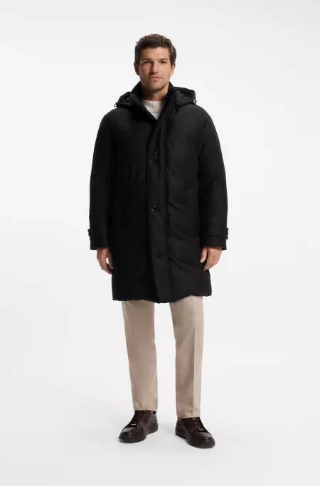 Down-padded parka in melange wool with detachable hood