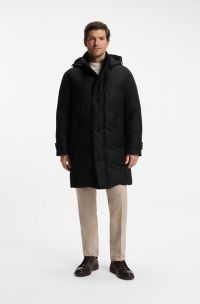 Down-padded parka in melange wool with detachable hood, Black