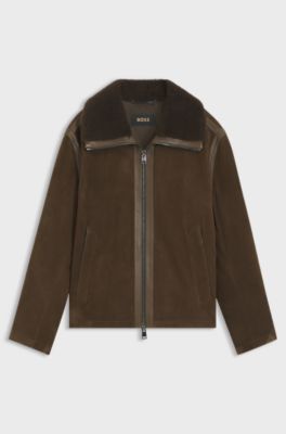 Suede aviator jacket with a shearling collar, Dark Brown