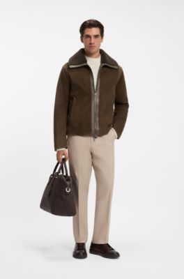 Suede aviator jacket with a shearling collar, Dark Brown