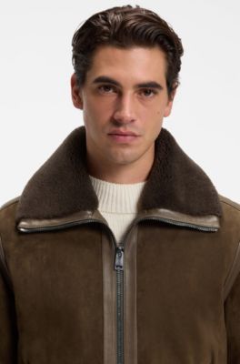 Suede aviator jacket with a shearling collar, Dark Brown
