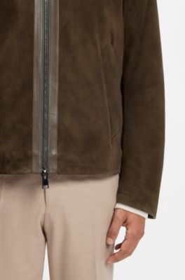 Suede aviator jacket with a shearling collar, Dark Brown
