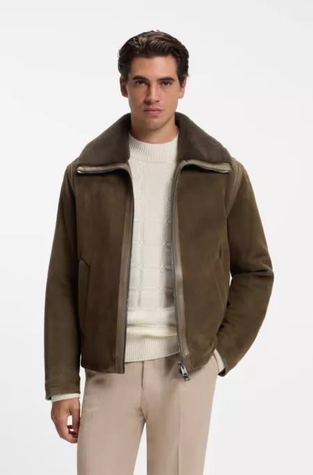 Aviator-Jacke aus Veloursleder mit Shearling-Kragen
