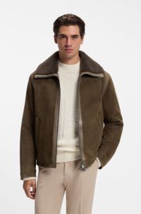 Suede aviator jacket with a shearling collar, Dark Brown