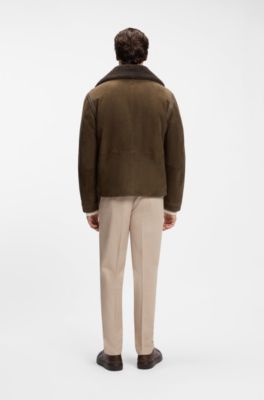Suede aviator jacket with a shearling collar, Dark Brown