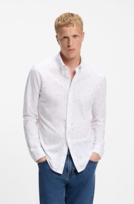 Slim-fit shirt in printed cotton jersey, White Patterned