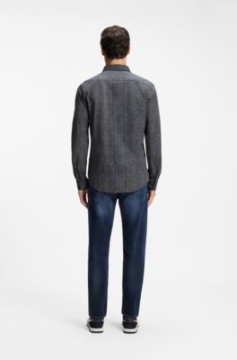 Slim-fit shirt in printed cotton jersey, Blue stripes