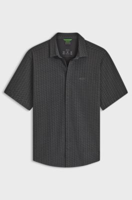 Short-sleeved regular-fit shirt in cotton piqu&eacute;, Black Patterned