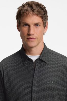 Short-sleeved regular-fit shirt in cotton piqu&eacute;, Black Patterned