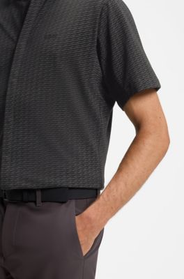 Short-sleeved regular-fit shirt in cotton piqu&eacute;, Black Patterned