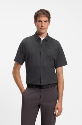 Short-sleeved regular-fit shirt in cotton piqu&eacute;, Black Patterned