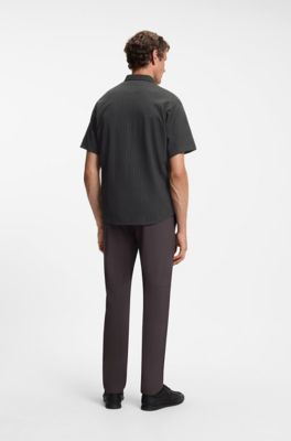 Short-sleeved regular-fit shirt in cotton piqu&eacute;, Black Patterned