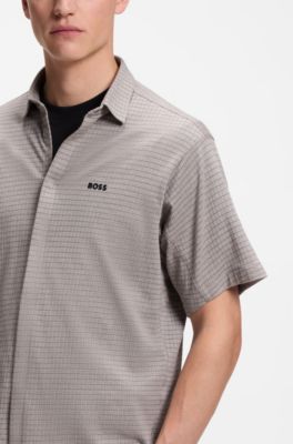 Short-sleeved regular-fit shirt in cotton piqu&eacute;, Grey Patterned