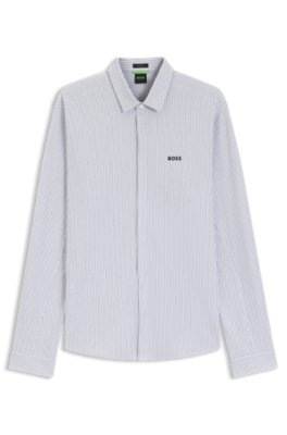 Boss Uomo Strisce Grigie Camicia In Piqué Di Cotone
