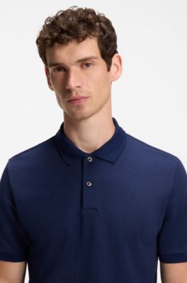 Regular-fit polo in cotton-silk jacquard, Dark Blue