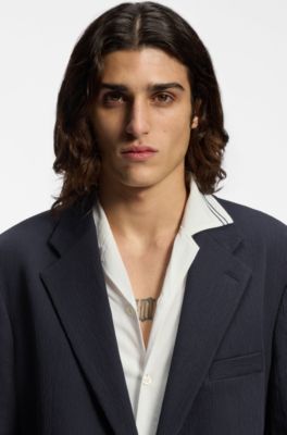 Slim-fit suit jacket in performance-stretch seersucker, Dark Blue