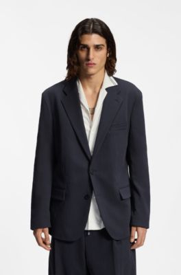 Slim-fit suit jacket in performance-stretch seersucker, Dark Blue