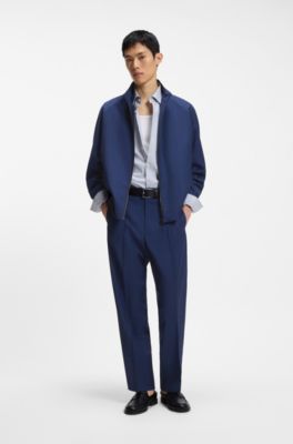Pantalon Slim en laine vierge &agrave; rayures craie, Bleu