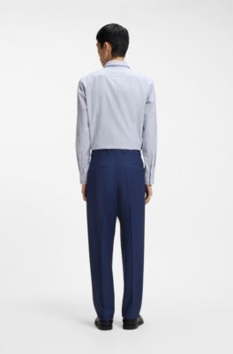 Slim fit bukser i n&aring;lestribet, ny uld, Bl&aring;