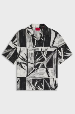 Oversized-fit printed shirt with camp collar, Black Patterned