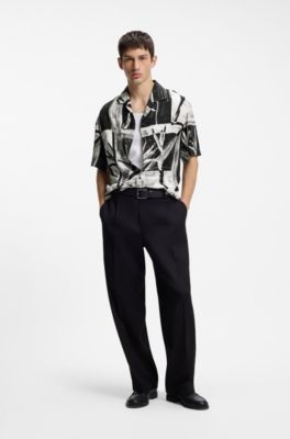 Camisa oversize fit estampada con cuello cubano, Negro