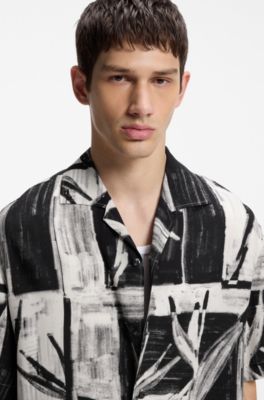 Oversized-fit printed shirt with camp collar, Black Patterned