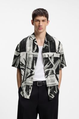 Camisa oversize fit estampada con cuello cubano, Negro