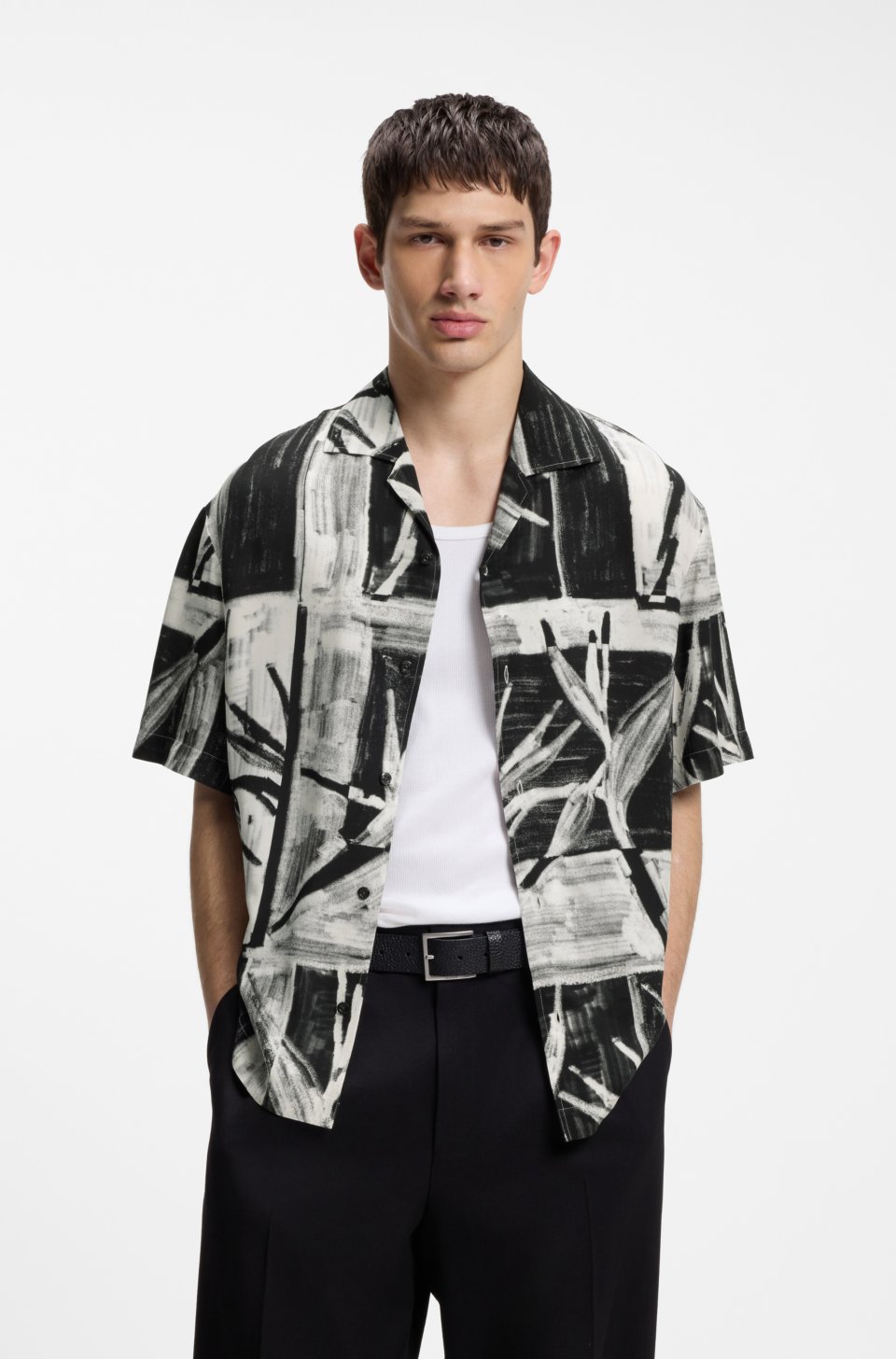 Oversized-fit printed shirt with camp collar