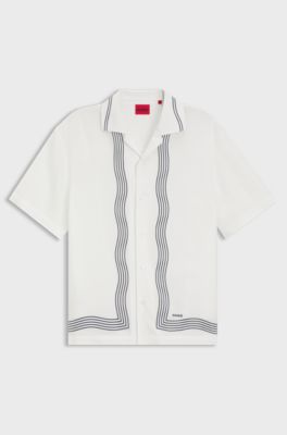 Oversized-fit printed shirt with camp collar, White