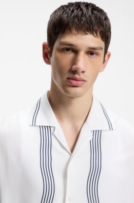 Oversized-fit printed shirt with camp collar, White