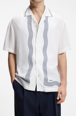 Oversized-fit printed shirt with camp collar, White