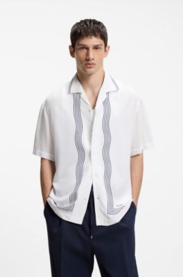Camicia oversized fit stampata con colletto aperto, Bianco