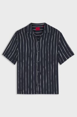 Oversized-fit printed shirt with camp collar, Dark Blue
