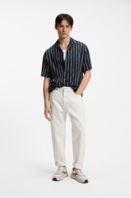 Oversized-fit printed shirt with camp collar, Dark Blue