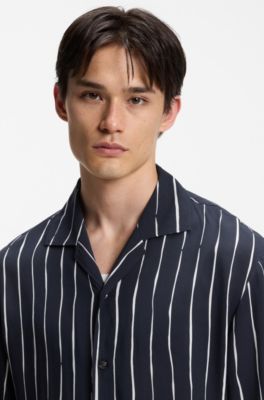 Oversized-fit printed shirt with camp collar, Dark Blue