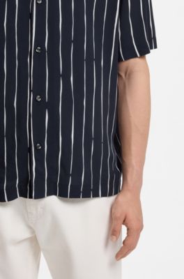 Oversized-fit printed shirt with camp collar, Dark Blue