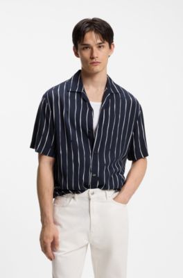 Oversized-fit printed shirt with camp collar, Dark Blue