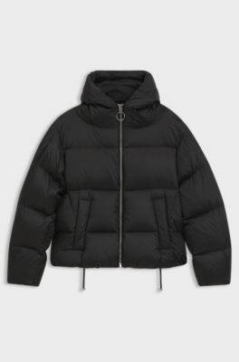 Shiny down puffer jacket with statement puller, Black