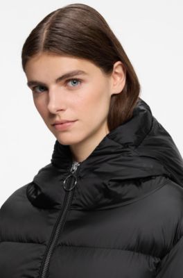 Shiny down puffer jacket with statement puller, Black