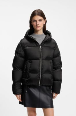 Shiny down puffer jacket with statement puller, Black