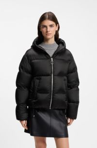 Shiny down puffer jacket with statement puller, Black