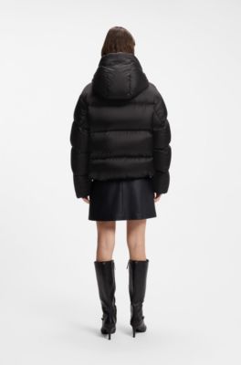 Shiny down puffer jacket with statement puller, Black