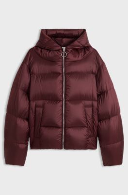 Shiny down puffer jacket with statement puller, Brown