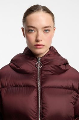Shiny down puffer jacket with statement puller, Brown